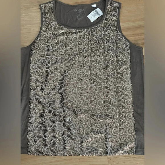 Chico’s Shimmer Glimmer Tank Taupe round neck size 3 - Picture 3 of 8